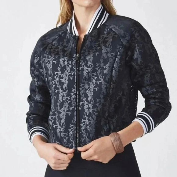 FABLETICS Tia Bomber Jacket Size M Black Neoprene Floral Print Pockets M… - Picture 1 of 11